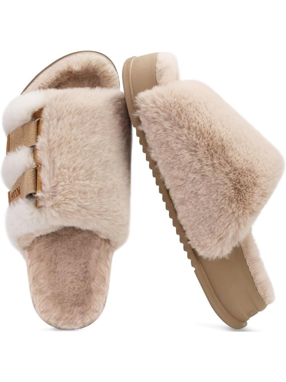 Women's Plush Beige Soft Cushioned & Adjustable Fuzzy Faux Fur Slippers Slides - Picture 3 of 6